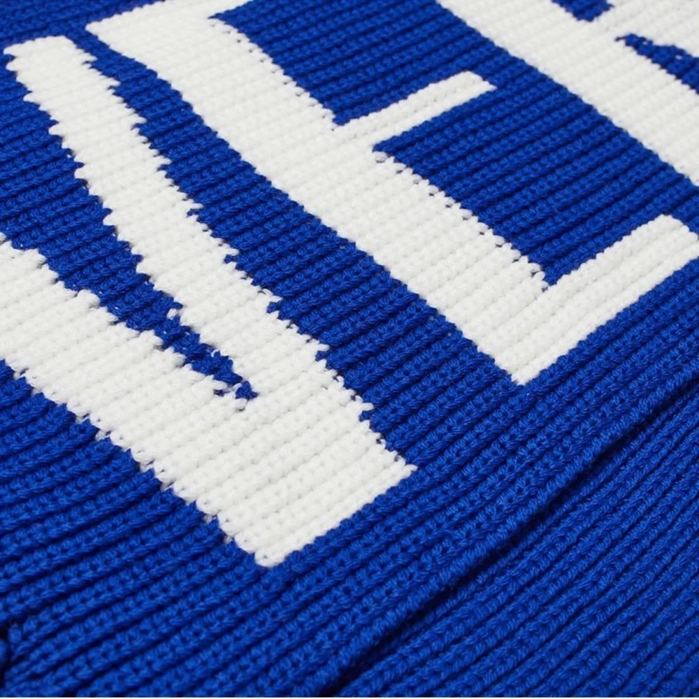 New! VERSACE Logo Intarsia Knit Fringe Oversized Unisex Wool Scarf in Royal Blue